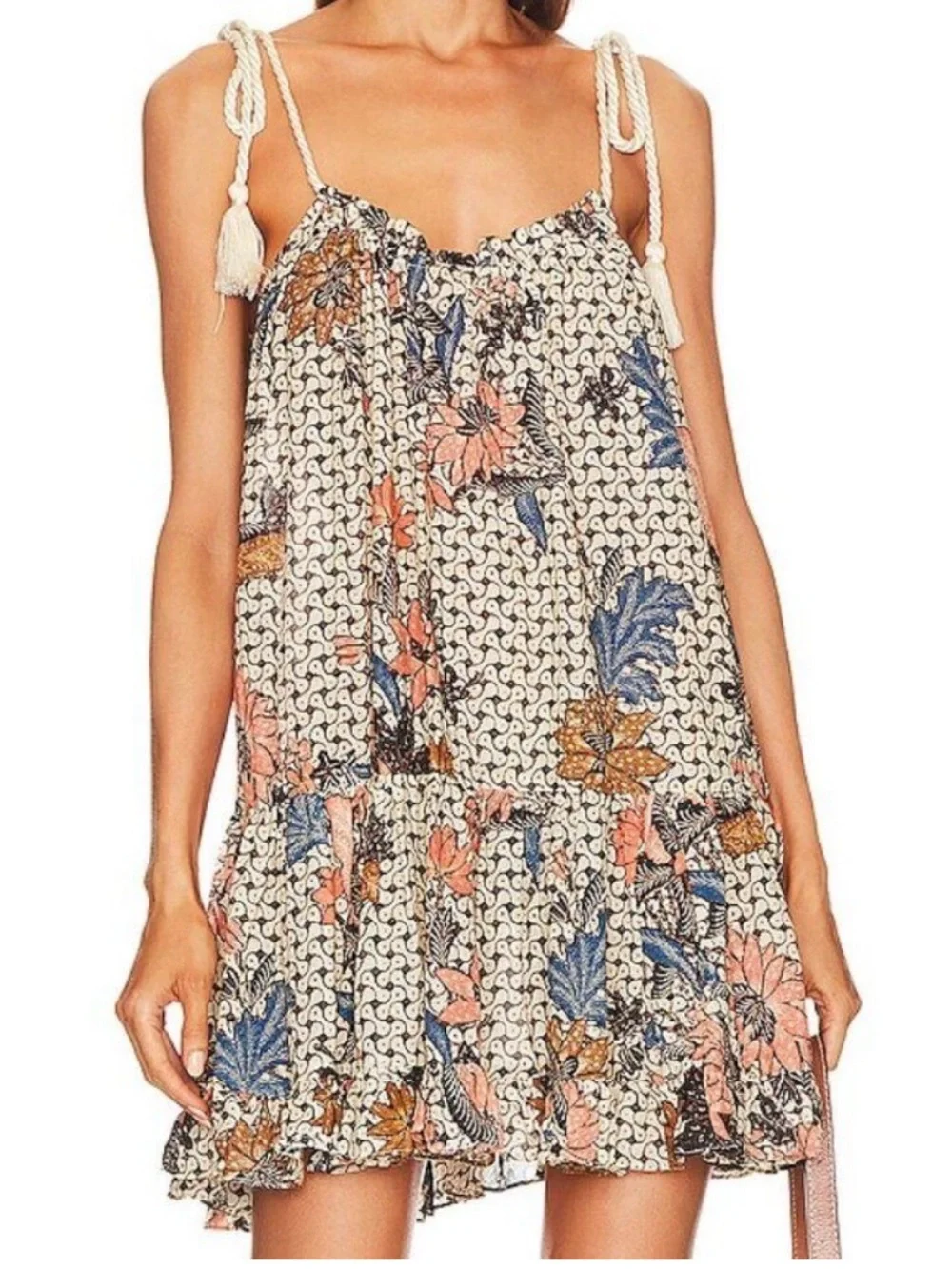 Ulla Johnson Trula Mini Dress Coverup Cotton Blend Print Rope Tie Straps Size L